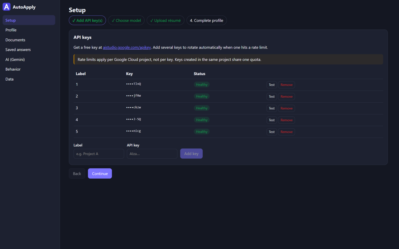 AutoApply Setup Settings