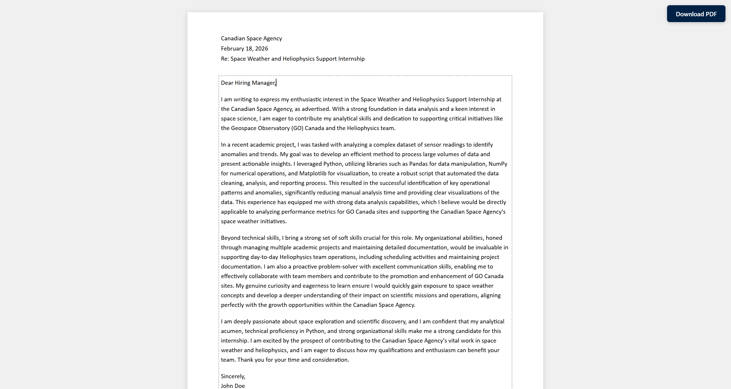 SCOPEOut Generated Cover Letter