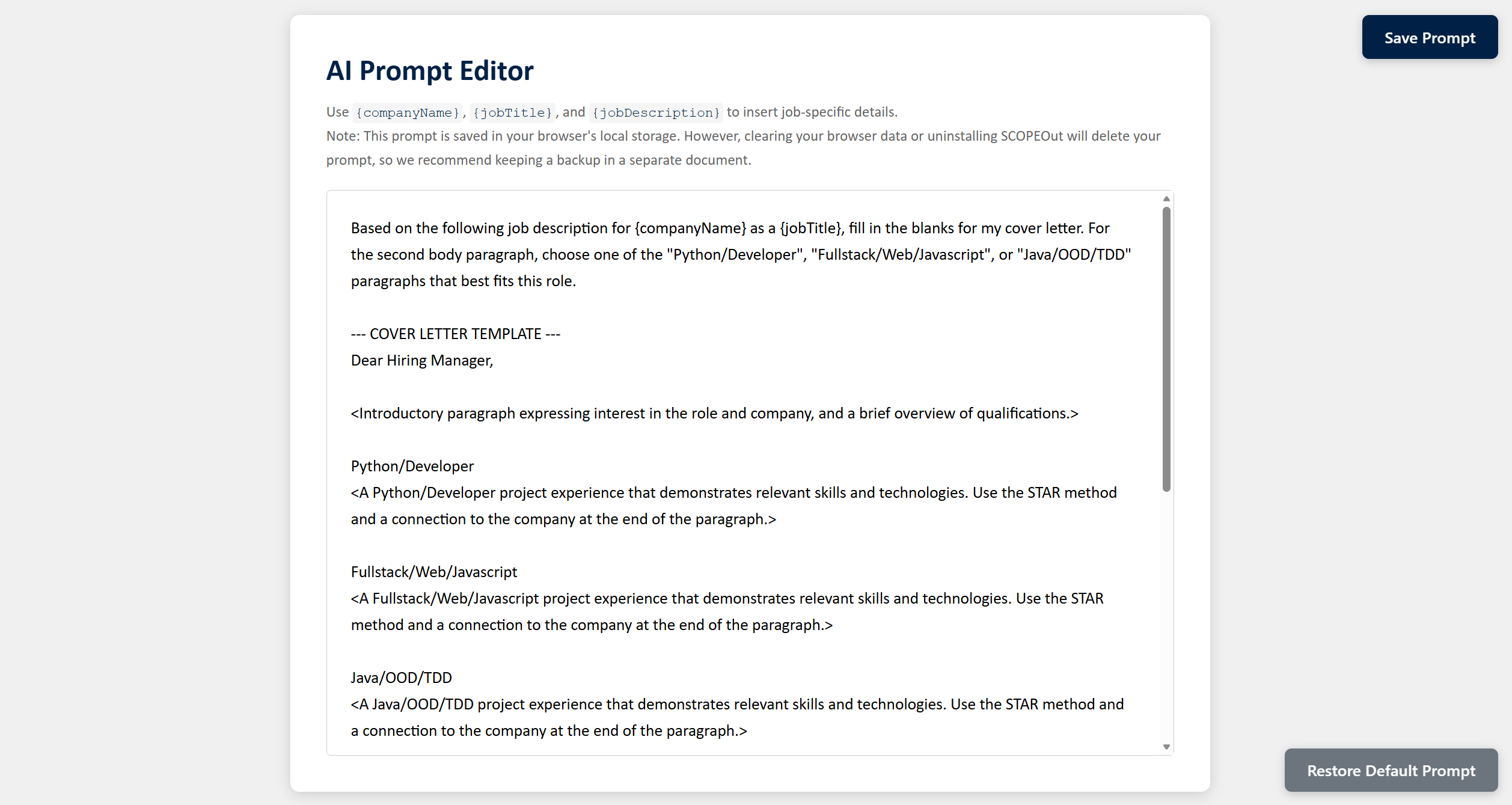 SCOPEOut Prompt Editor Page